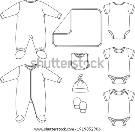 Set of Vector Baby clothing Elements. Baby Layette sleeper bodysuit fashion flat sketch template. Technical Fashion Illustration. One piece pyjama Hat blanket mitts Bib