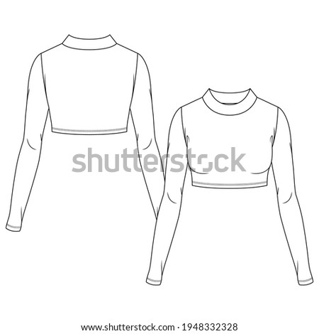 Women Mock Neck Crop Top fashion flat sketch template. Girls Technical Fashion Illustration. Long Sleeves. stretch knit