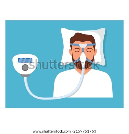 Continuous positive airway pressure.Obstructive sleep apnea.Man lying on bed.Cpap mask.Patient in hospital cpap therapy.mask fitted over a head. The guy with the oxygen mask fitted over a head.