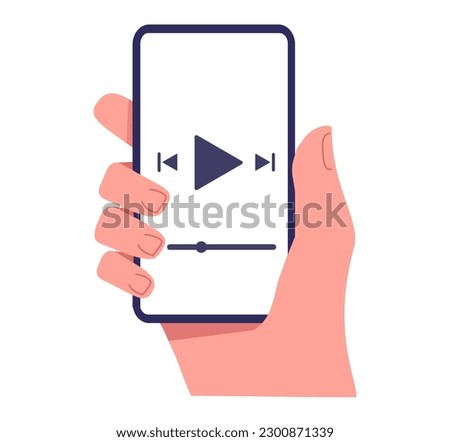 Video app on smartphone screen. Watch video on smartphone.Video player.Streaming on phone. Video mark.Play button in phone.Cartoon vector illustration.Hand holding phone with app for watching movie. 