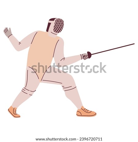Fencing player with foil or rapier.Fencer cartoon man character.Fencing athlete during fight.Vector flat illustration.Isolated on white background.Fencing sport.