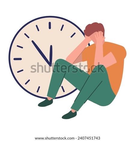 Business time management.Project deadline concept.Nervous entrepreneur.Running out of time.Businessman carrying a giant hour.Time allocation.Pulling clock arrow deadline.The man is depressed.