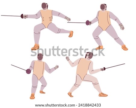 Fencing player with foil or rapier.Fencer cartoon man character.Fencing athlete during fight.Vector flat illustration.Isolated on white background.Fencing sport.