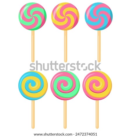 Spiral striped colorful lollipops on sticks.Sweet cute swirl lollipops.Colored sugar candies.Hand drawn style. Candy icon set.Sweet caramel suckers. Isolated on white background.