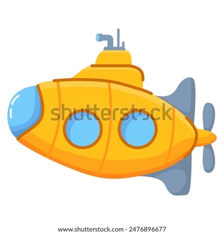 Bathyscaphe explore underwater world.Underwater boat ship. Cartoon underwater submarine with periscope.Yellow submarine.Vector flat illustration.Isolated on white background.Toy boat.