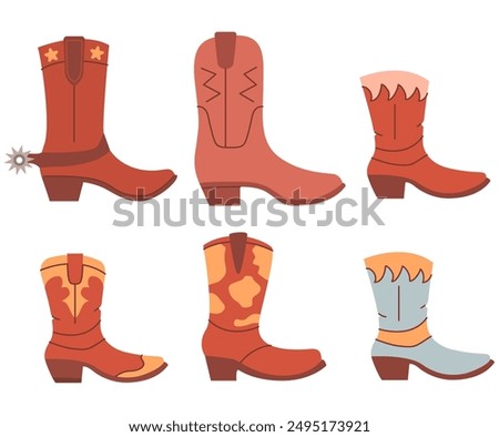 Traditional western browncow boy boot.Wild West fashion.Vintage embroidered leather boots. Cowgirl boots.Old shoes.Isolated on white background.Cowboy boot.Vintage western icon.Gringo cowboy boots.