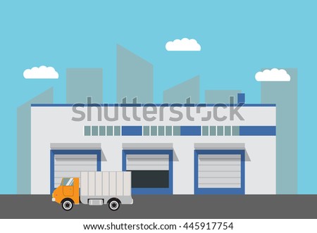 Vector warehouse building flat trucks and the road.design elements for infographic,engineering and warehouse firms, companies on cargo delivery. For booklets,leaflets,banners on the websites