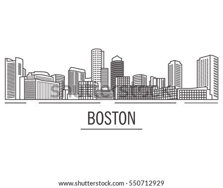 City landscape Boston Massachusetts drawn with lines.Down town American  skyscrapers and high-rise buildings in hand drawn flat style a vector.View of Boston from the river.USA skyline and landmark