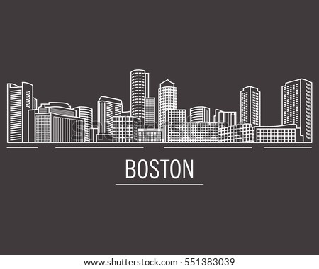 City landscape of Boston in linear flat style on a black background.Down town American landscape with skyscrapers and high-rise buildings in flat style a vector.View of Boston from the river