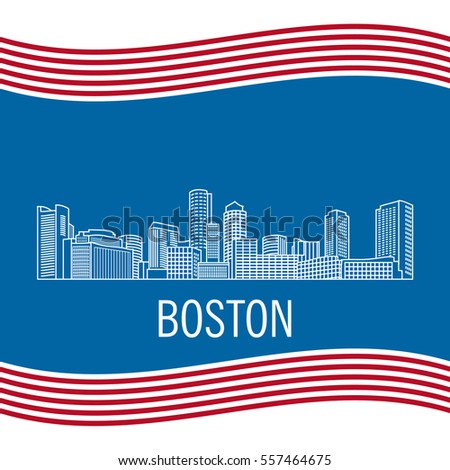 City landscape of Boston in linear flat style on a black background.Down town American landscape with skyscrapers and high-rise buildings.National flag of the United States of America Massachusetts