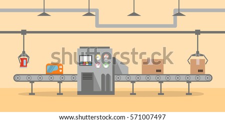 The factory conveyor on packing in flat style. Conveyor Automatic Production Line with Cardboard Boxes.Production Process on the Line Conveyor.Industrial machine.engineering vector illustration Stockfoto © 