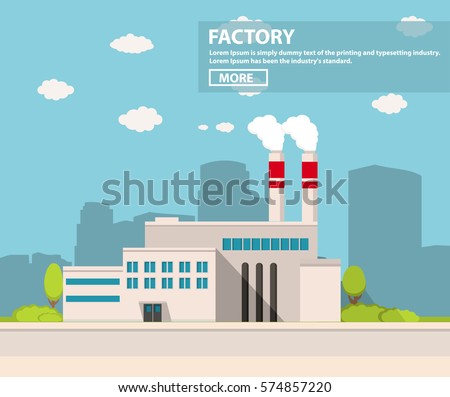 Industrial factory in flat style a vector an illustration.Plant or Factory Building.road tree window facade.Manufacturing factory building. industrial building concept.Eco style factory.City landscape
