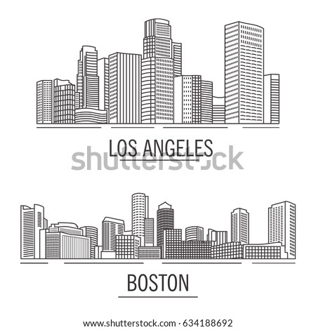 Down town urban American landscape skyscrapers and high-rise buildings in flat style a vector.hand drawn.City landscape Boston Massachusetts,Los Angeles.USA skyline and landmark line art flat vector
