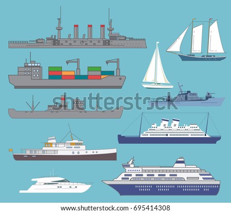 Set of the ships.Transport vessel steam.The bulk carrier with containers.The warship the battleship with guns.Modern cruise liner.Luxury walking yacht. Sailboat. Sentry patrol boat flat style a vector