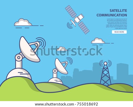 Communication parabolic satellite dish space receivers.Landscape Urban.The artificial satellite in an earth orbit the transmitting signal on the surface of the planet.Wireless technology cartoon flat.