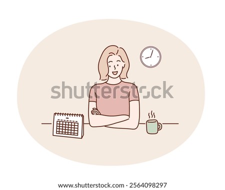 Woman checking the calendar. Hand drawn style vector design illustrations.