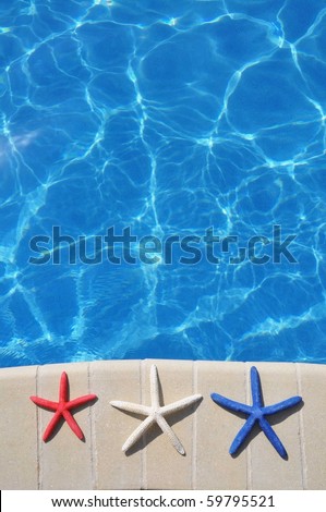 Red, White and Blue Starfish sitting by swimming pool. Room for your text, perfect for cover art.