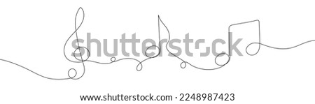 Continuous one line treble clef and notes, musical notes, A or La. Stock vector illustration