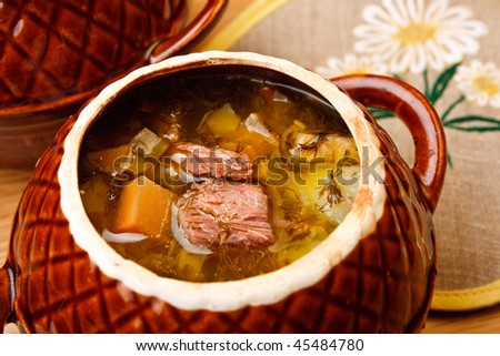 Russian cabbage soup with beef (close-up)