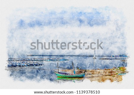 Watercolor of seascape. Scenery sea on watercolor painting.
