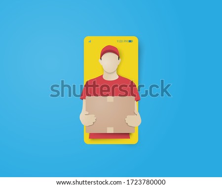 Online delivery concept with smartphone and delivery man carried the package in paper cut style. Digital craft paper art.