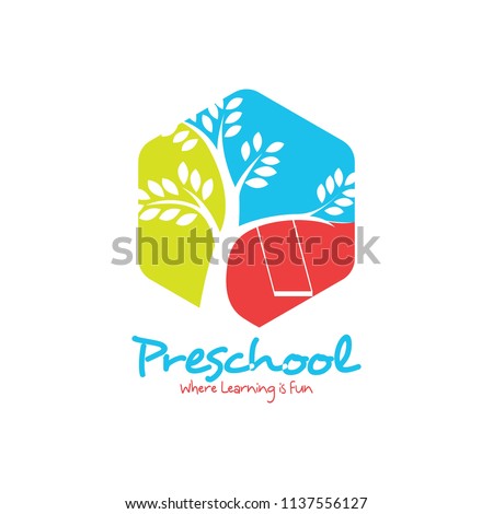 Preschool logo design. Kindergarten icon template. Play group education vector illustration