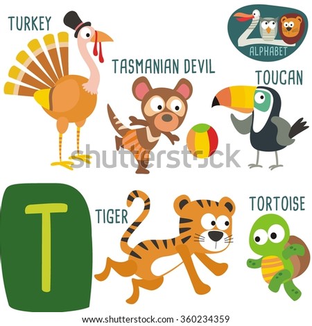 Cute Zoo Alphabet In Vector.T Letter. Funny Cartoon Animals: Tiger ...