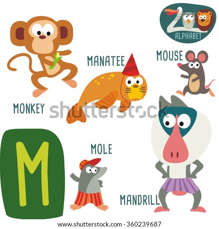 Cute Zoo Alphabet In Vector. M Letter. Funny Cartoon Animals: Monkey ...