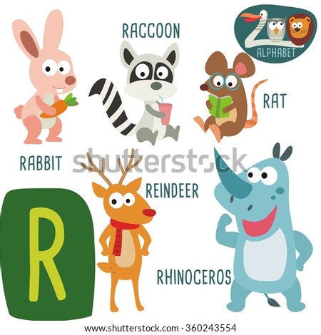 Cute Zoo Alphabet In Vector. R Letter. Funny Cartoon Animals: Rabbit ...