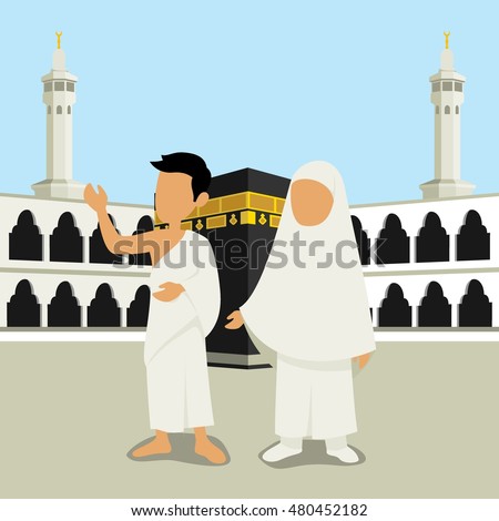 Muslim Man And Wowan Character Wearing Ihram Clothes Performing Hajj Or ...