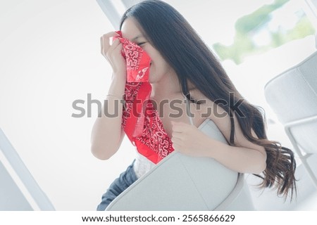 Similar – Image, Stock Photo Long haired woman hiding under green cloth