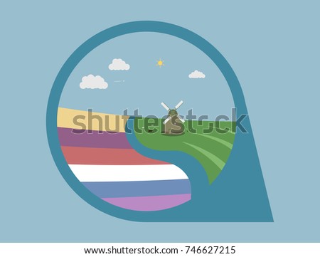 Dutch landscape logo vector illustration design of a flower field next to a canal and a windmill with sheep and chicken on a beautiful sunny day with white clouds. 