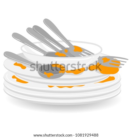 Vector Illustration of Stack of Dirty Plates with Spoon and Fork