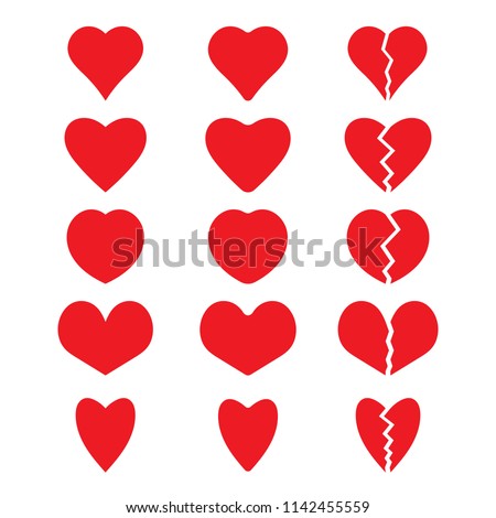 Set of red hearts and broken hearts icons. Vector illustration.