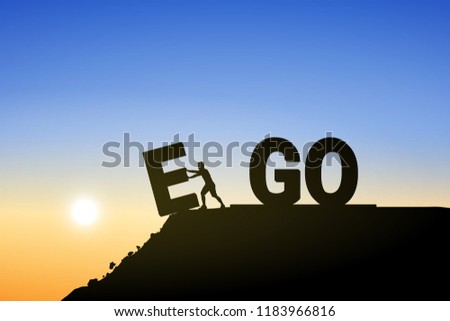 Silhouette man change EGO to GO text on top mountain, sky and sun light background. Business, success, challenge, motivation, achievement and goal concept. Vector illustration.