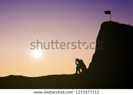 Silhouette man are sad to not be able to climb the mountain. Sky and sunset background. Unsuccessful and fail concept. Eps10 Vector illustration.