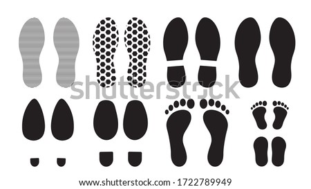 Footprints human silhouette, vector set, isolated on white background. Shoe soles print. Foot print tread, boots, sneakers. Impression icon barefoot. Photo stock © 