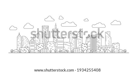Thin line City landscape. Downtown landscape with high skyscrapers. Panorama architecture buildings Isolate. Urban life Vector illustration. Сток-фото © 