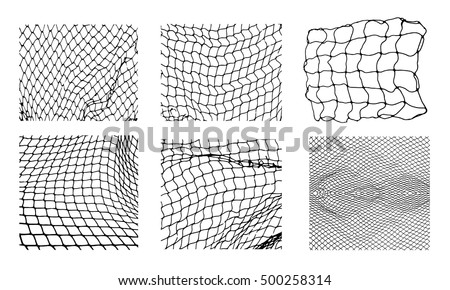 Six different net patterns. Rope net vector silhouette. Soccer, football, volleyball, tennis and tennis net pattern. Fisherman hunting net rope texture / pattern.