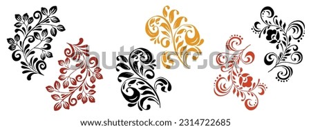 Several elements of patterns or ornaments in the old Russian style. Vector sprigs of flowers and leaves.