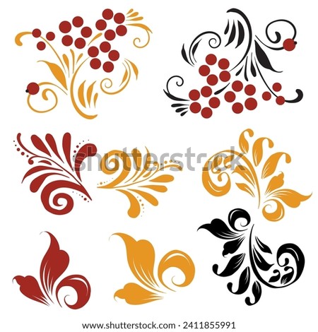 A set of several elements of patterns or ornaments in the Old Russian style. Traditional, folk motif. Vector twigs, berries, flowers, leaves.