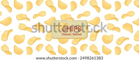 potato chips seamless pattern. Vector Label for classic salted chips. Background for packaging, advertising, decor.