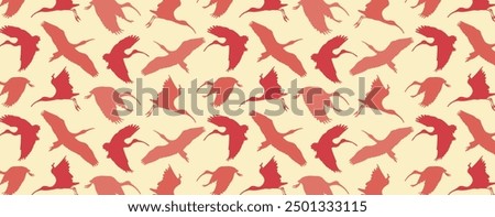 
Birds silhouettes on light background. Flying scarlet ibis birds pattern. Vector seamless wallpaper with tropical birds of Trinidad Tobago island