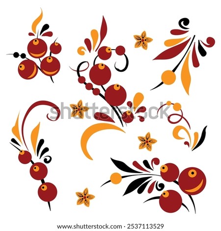 A set of several elements of patterns or ornaments in the Old Russian style. Traditional, folk motif. Vector twigs, berries, flowers, leaves.