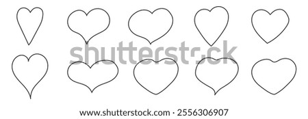 Set of doodle hearts of different shapes. Hearts drawn with black lines. Vector outlines of the symbol of love and romance. Templates for web design, simple vector for a postcard for Valentine's Day.