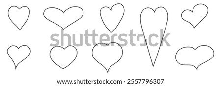 Set of doodle hearts of different shapes. Hearts drawn with black lines. Vector outlines of the symbol of love and romance. Templates for web design, simple vector for a postcard for Valentine's Day.