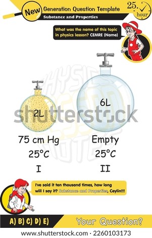 Physics, Substance and properties experiment illüstration, gas and gas molecules, next generation question template, for teachers, exam question, eps 

