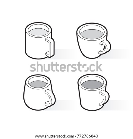 Vector outline cups. Outline isometric mugs on white background.