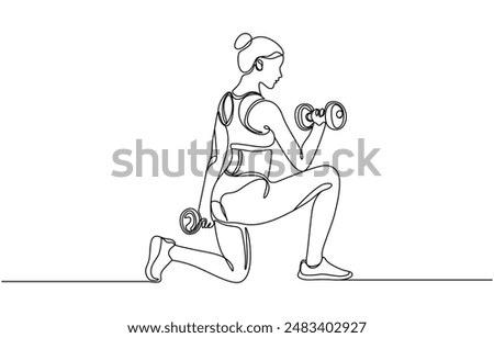 Single continuous line drawing of a young girl with a barbell in the gym, Single continuous line drawing of young sportive woman training lifting barbells in sport gymnasium club center. Fitness