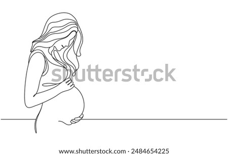 Mothers day line art style vector illustration, Self, drawing continuous single drawn one line pregnant woman nursing woman hand-drawn picture silhouette, Outline Pregnant girl. Hand drawn Vector